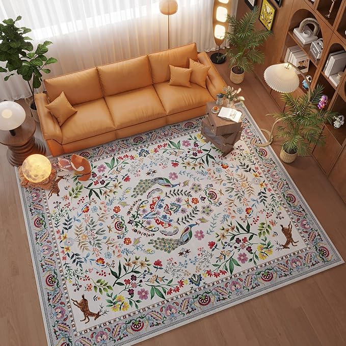 Area Rug 4x6 Rug Washable Rugs Floral Non Slip Low Pile Small Carpet for Bedroom, Bedside, Kids Room, Office, Dining Room(Colorful)