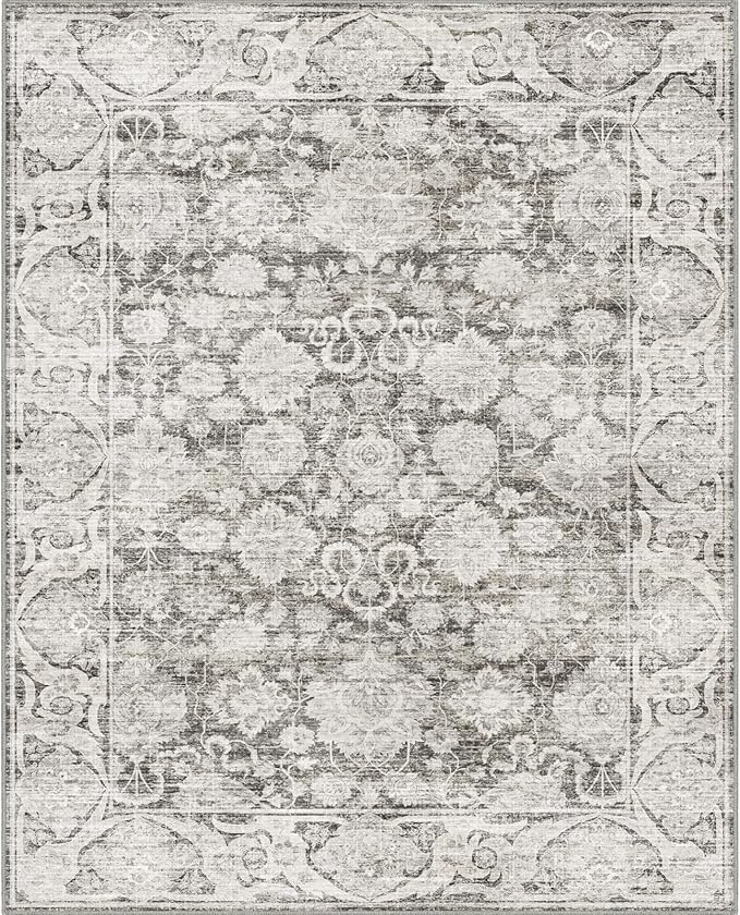 Floral Living Room Rug 8x10, Washable Taupe Area Rugs for Bedroom, Vintage Rug 8x10, Soft Pet Friendly Stain Resistant Floor Carpets for Dining Room Decor (Taupe, 8X10)
