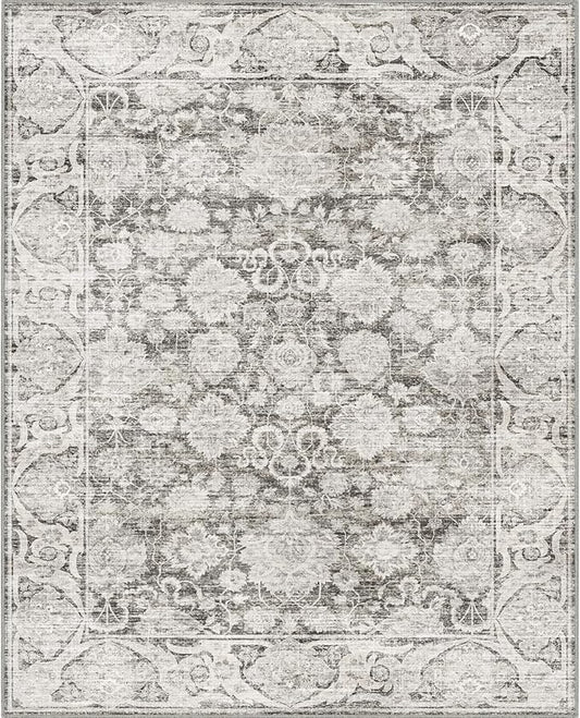 Floral Living Room Rug 8x10, Washable Taupe Area Rugs for Bedroom, Vintage Rug 8x10, Soft Pet Friendly Stain Resistant Floor Carpets for Dining Room Decor (Taupe, 8X10)