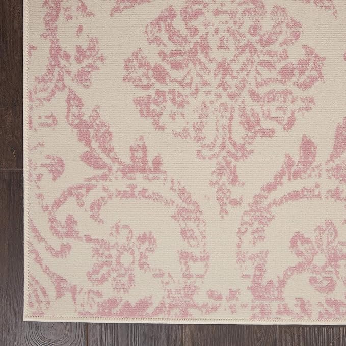 Nourison Jubilant Damask Ivory/Pink 3' x 5' Area -Rug, Easy -Cleaning, Non Shedding, Bed Room, Living Room, Dining Room, Kitchen (3x5)