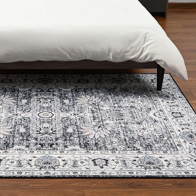 Washable Area Rug 4x6, Non-Slip Vintage Floral Rug Low Pile Stain Resistant Chenille Throw Carpet for Living Room Bedroom Kitchen Dining Room Dorm Farmhouse Boho Home Decor (Grey)