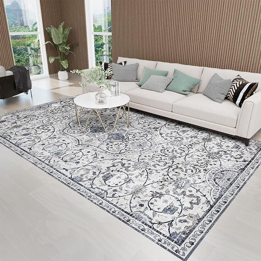 SALLOUS Vinyl Floor Mat for Home, 4x6ft Area Rug for Living Room, Non-Slip Waterproof Floor Mat for Bedroom, Washable Area Mat for Kitchen, Bathroom, Entryway (Grayish Blue Bohemian-Style)