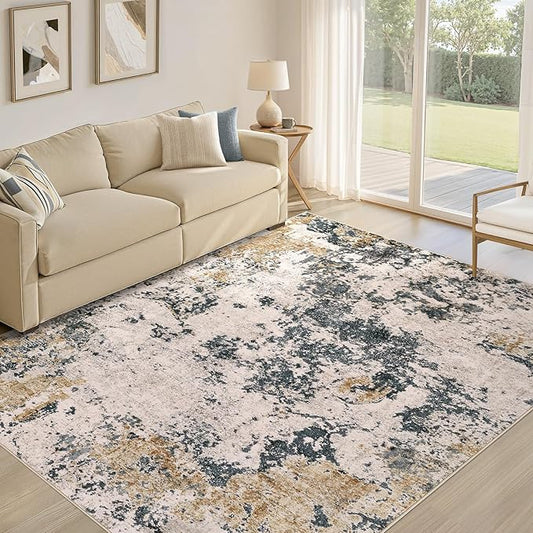 Area Rugs for Living Room: 5x7 Abstract Washable Rug Large Soft Stain Resistant Non-Slip Backing for Bedroom Dining Room Indoor Home Office Carpet for Kids Pet Friendly Families - Grey Gold