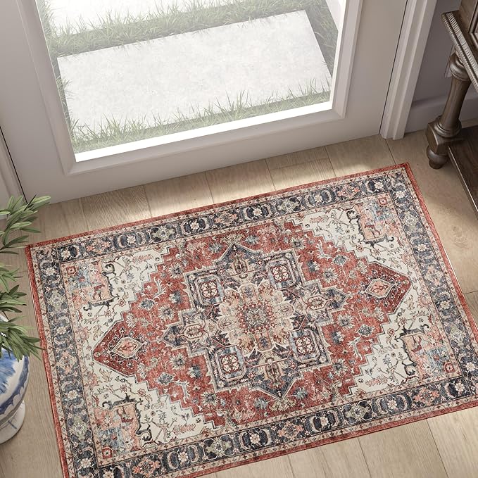 jinchan Washable Area Rug 2x3 Ultra-Thin Soft Vintage Entryway Indoor Doormat Low Pile Non Slip Distressed Oriental Medallion Small Carpet for Bathroom Bedroom Laundry Room Terra Red Multi