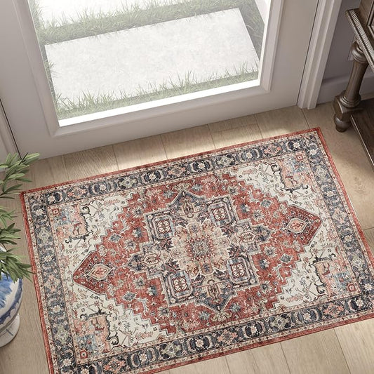 jinchan Washable Area Rug 2x3 Ultra-Thin Soft Vintage Entryway Indoor Doormat Low Pile Non Slip Distressed Oriental Medallion Small Carpet for Bathroom Bedroom Laundry Room Terra Red Multi