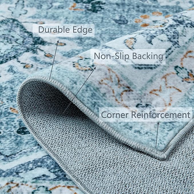 Vintage Low Pile Faux Wool Non Slip Blue Boho Area Rugs for Living Room, Bedroom, Dining Room, Kitchen, Office - 6x9 - Clearance