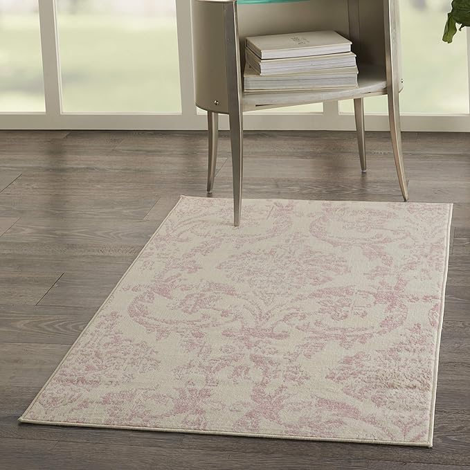 Nourison Jubilant Damask Ivory/Pink 3' x 5' Area -Rug, Easy -Cleaning, Non Shedding, Bed Room, Living Room, Dining Room, Kitchen (3x5)