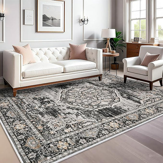 Washable Rugs 7x9 Area Rug：Large Rugs for Living Room - Oriential Distressed Printed Floral Carpet - Non Slip with Rubber Backing Area Rug 7'x9' Black