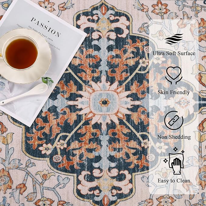 U'Artlines Boho Vintage Area Rug 8x10 Machine Washable Low Pile Soft Floor Carpet Non Slip Non Shedding Accent Rug for Living Room Bedroom Entryway Dining Room Office Orange Blue