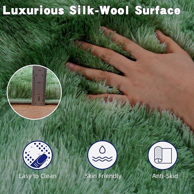 Tie-Dyed Green Fluffy Rug for Bedroom 9x12 ft Large Rug - Ultra Soft & Non Slip Shaggy Area Rug, Comfy Durable Carpet for Living Room Kids Room Teens Dorm Home Decor, 1.7'' Thick Indoor Carpets