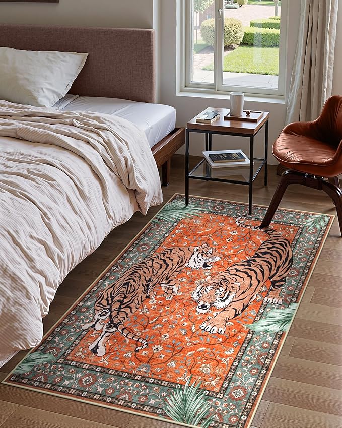 Moynesa Tiger 3x5 Washable Rug, Boho Area Rugs for Entryway, Non Slip Small Rug for Bedroom, Ultra Thin Botanical Vintage Soft Accent Carpet for Kitchen Entry Laundry Room, Rust