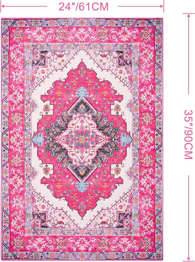 Noahas Front Door Mat Indoor Outdoor Entrance,2x3 Small Hot Pink Area Rugs Vintage Machine Washable Rugs Non-Slip Low Pile Carpets for Entryway Porch Bathroom Kitchen Bedroom Laundry Room Home Decor