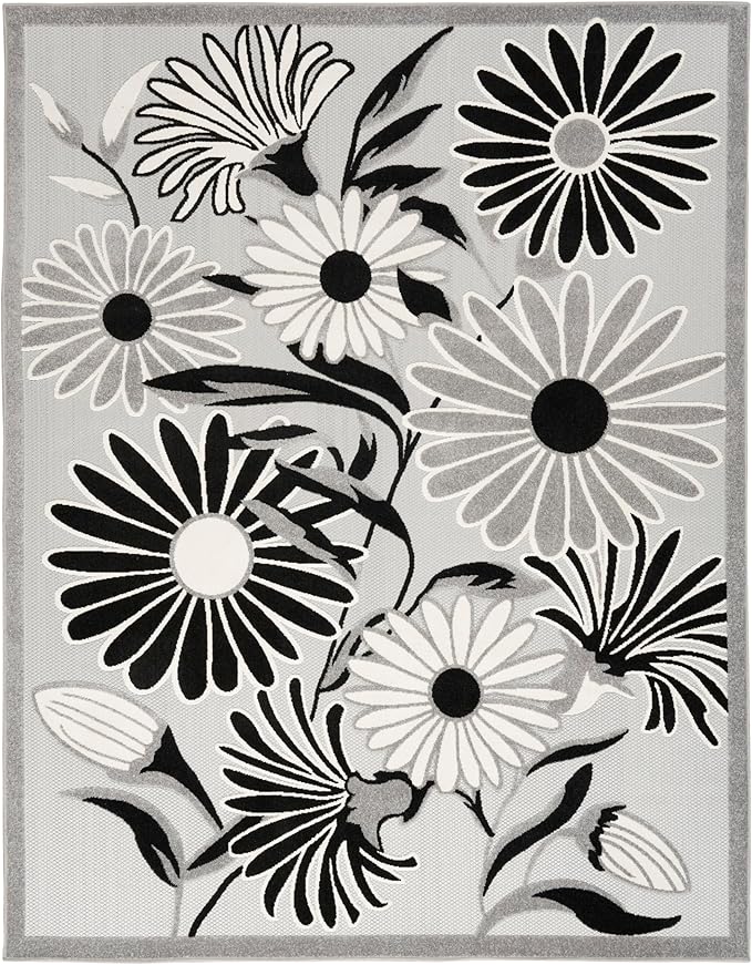 Nourison Aloha Indoor/Outdoor Black White 6' x 9' Area Rug, Easy Cleaning, Non Shedding, Bed Room, Living Room, Dining Room, Kitchen (6x9)