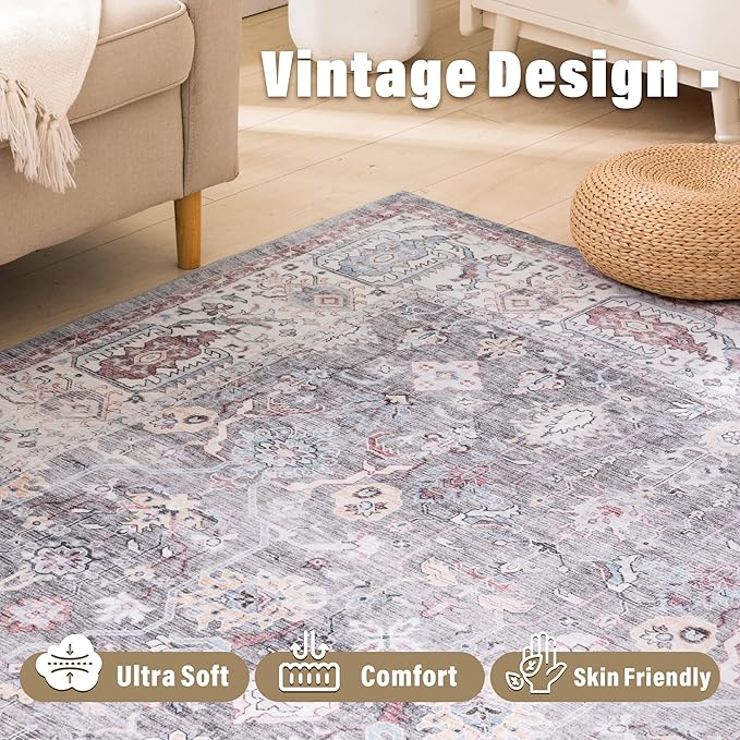 Carvapet Rugs for Living Room Bedroom, Vintage Low Pile Large Carpet with Rubber Backing, Non Slip Foldable, Machine Washable (9 x 6 Feet Rectangular, Grey/Pink Area Rug)