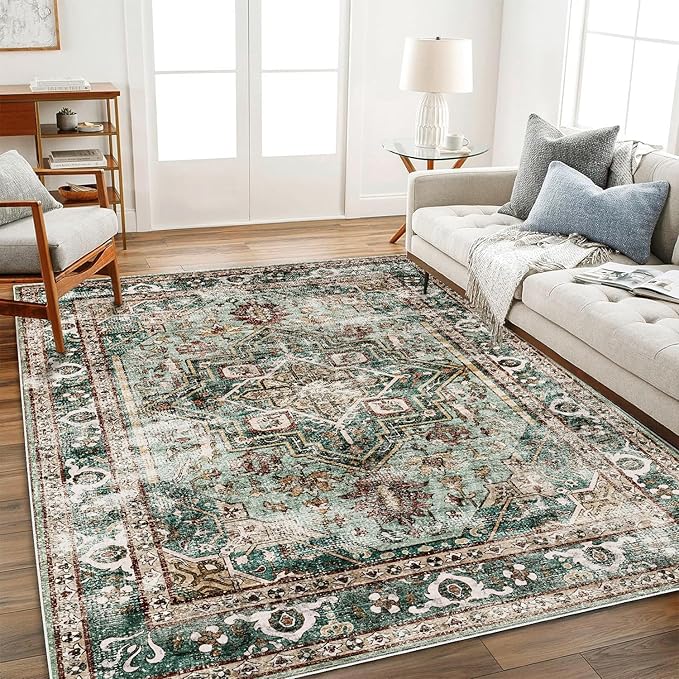 3'x5' Vintage Washable Thin Green Area Rug Tangerine Traditional Floor Cover Foldable Indoor Distressed Non Slip Carpet Floral Print Mat Bedroom Living Room Bathroom