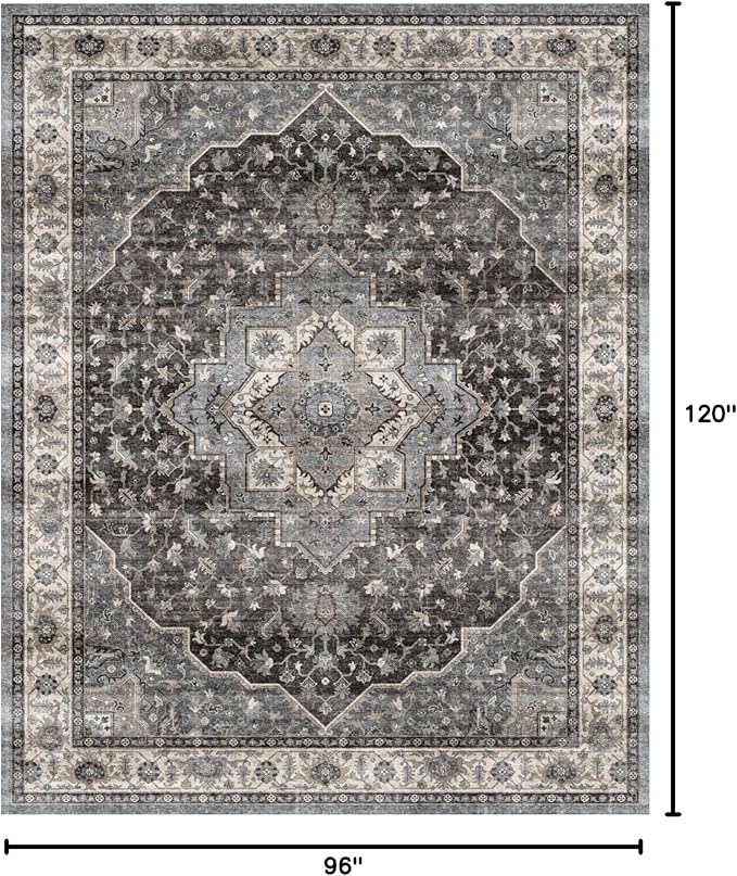 Dripex 8x10 Area Rugs, Machine Washable Non Slip Distressed Boho Rugs,Large Area Rug for Bedroom Aesthetic, No Pile Lightweight Vintage Rug, Carpet for Living Room Dining Room Den,Dark Blue and Green
