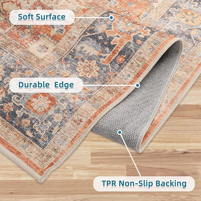 Dripex 6x9 Area Rugs, Machine Washable Non Slip Distressed Boho Rugs, Area Rug for Living Room, No Pile Lightweight Vintage Rug, Soft Accent Carpet for Dining Room,Bedroom,Orange