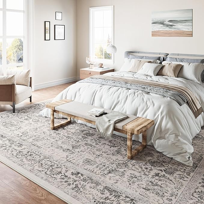 Black Area Rug 10x12 Machine Washable Large Vintage Living Room Distressed Non Slip Carpet Traditional Indoor Bedroom Grey Retro Floral Accent Throw Rug for Office Kitchen Dining Room