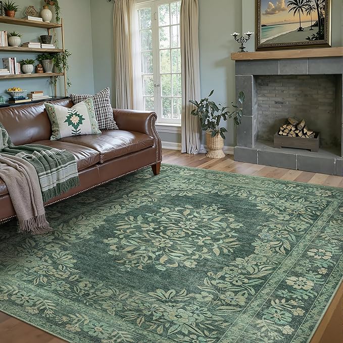6x9 Area Rug Green Washable Vintage Distressed Living Room Carpet Large Bedroom Indoor Medallion Floral Non Slip Retro Throw Floor Mat for Office Dining Room Kitchen Bathroom