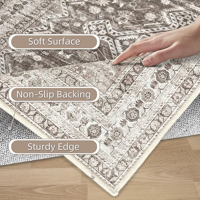 Zomfy Area Rug Vintage 5x7 Living Room Rugs: Washable Rug Traditional Oriental Medallion Rug, Non Slip Boho Carpet for Bedroom Dining Table Kitchen Home Office(Brown, 5'x7')