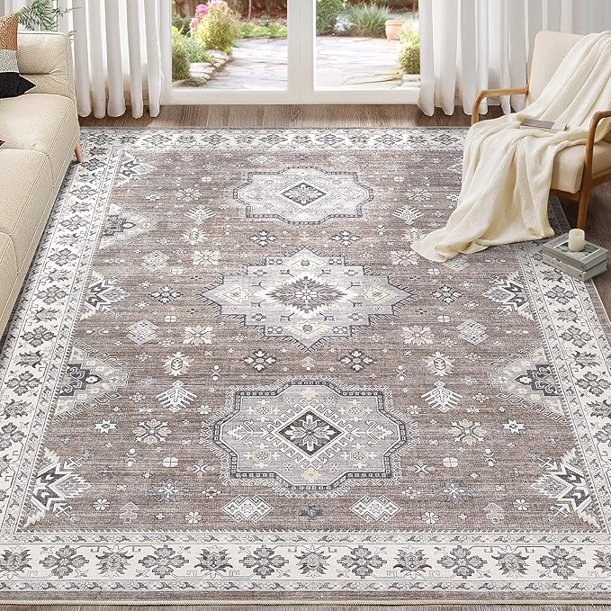 Washable Area Rugs for Living Room - 7x9 Neutral Vintage Distressed Floral Farmhouse Boho Large Soft Floor Rug Indoor Non Slip Carpet for Living Room Bedroom Dining Room Office - Dark Brown