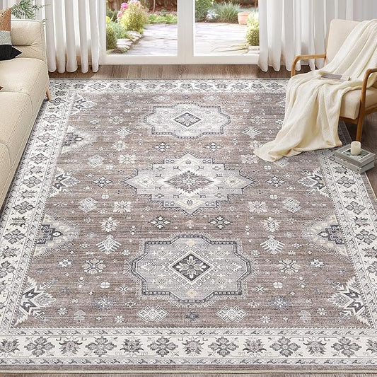 Washable Area Rugs for Living Room -8x10 Neutral Vintage Distressed Floral Farmhouse Boho Large Soft Floor Rug Indoor Non Slip Carpet for Living Room Bedroom Dining Room Office - Dark Brown
