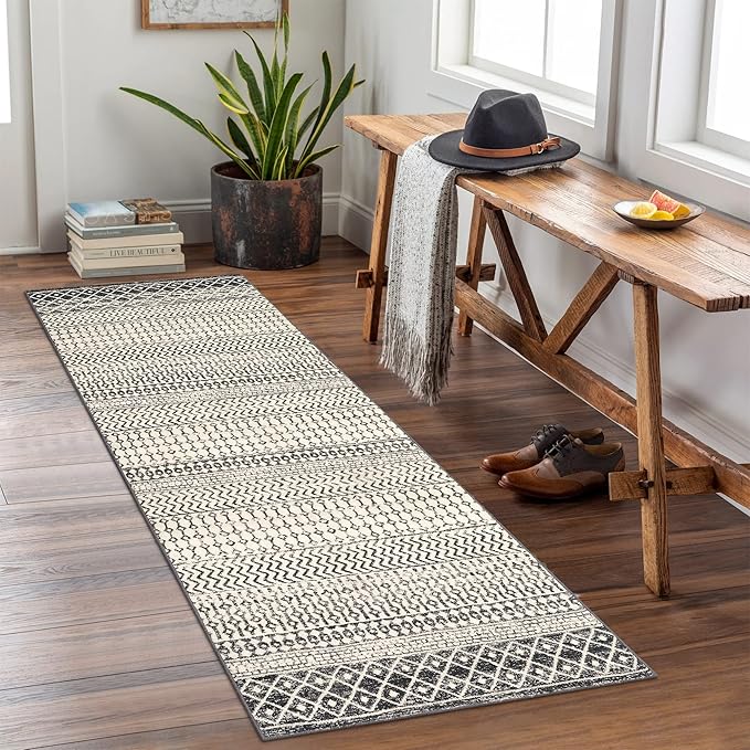 Moroccan Hallway Runner Rug, 2x8 Ultra Soft Runner Rugs with Rubber Backing Non Slip, Washable Bathroom Runner Rug Distressed Floor Carpet Runner for Entryway Kitchen Bedroom Laundry Room