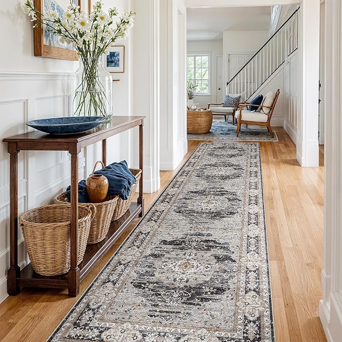 3x14 Runner Rug for Hallway Washable: Non Slip Kitchen Rugs with Rubber Backing Soft Waterproof Mats Stain Resistant Indoor Vintage Carpet Runner for Bedroom Bathroom Laundry Entryway Black/Gray
