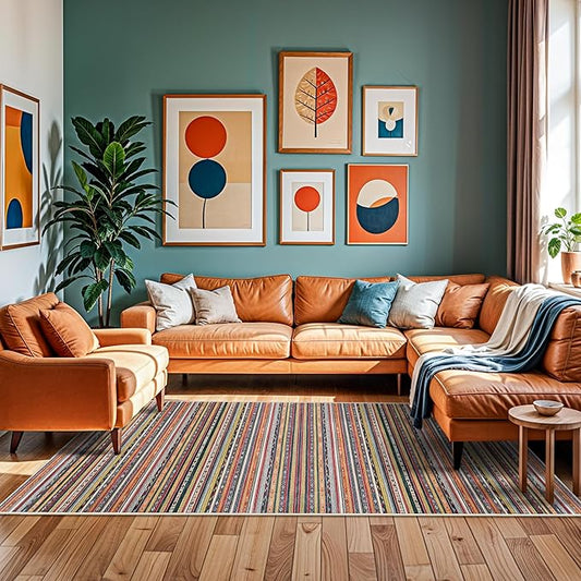 4x10 Rug Washable Living Room: Non-Slip Southwestern Striped Runner for Kitchen Hallway Entry - Farmhouse Low Pile Stain Resistant Long Thin Floor Carpet 4x10 Red/Blue/Multi