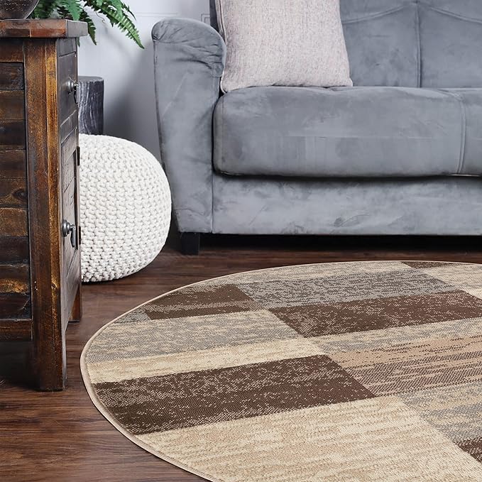 SUPERIOR Indoor Area Rug, Jute Backed, Modern Geometric Patchwork Floor Decor for Bedroom, Office, Living Room, Entryway, Hardwood Floors, Rockwood Collection, 5' Round, Slate
