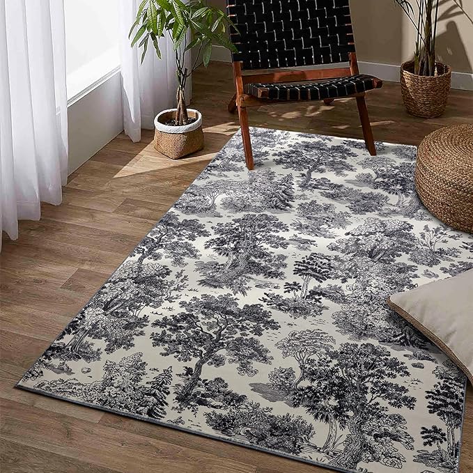 Vintage Forest Rug Washable, Black White Aesthetic Nature Woodland Living Room Rug, Country Rustic Neutral Cool Plants Botanical 5x7 Area Rugs Accent Carpet for Kitchen Dining Room Entryway