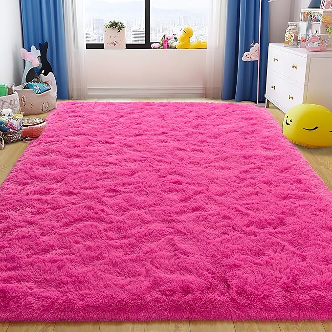 Tepook Super Soft Fluffy Rug for Bedroom, Modern Shaggy Rug Fuzzy Kids Rug for Living Room, Plush Indoor Nursery Home Decor Rug with Non-Slip Bottom, Hot Pink, 5 X 8 Feet