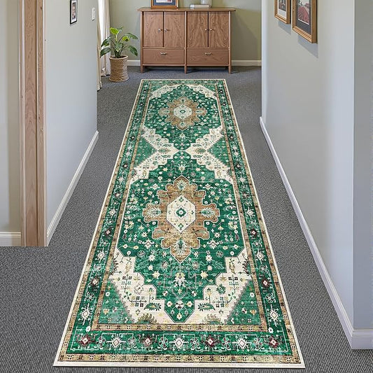 Green Runner Rug 2x6 Vintage Distressed Washable Hallways Indoor Kitchen Non Slip Carpet Traditional Long Throw Laundry Dining Bedroom Bathroom Western Medallion Accent Rug Low Pile