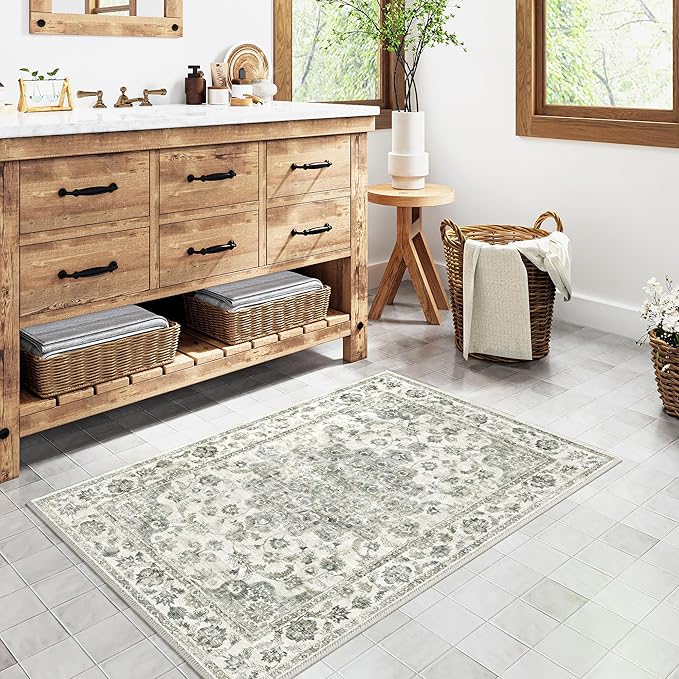 2x3 Washable Neutral Area Rug Green Entryway Kitchen Non-Slip Low Pile Floral Carpet Door Mat Vintage Soft Thin Small Throw Rug for Bathroom Bedroom Indoor Entrance