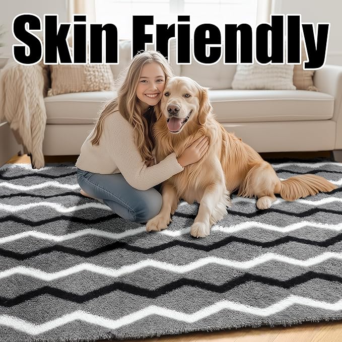 RUGTUDER Washable Fluffy Rugs for Living Room, 5x8 Fuzzy Plush Soft Shag Striped Rug, Large Shaggy Floor Carpets Chevron Geometric Rug for Bedroom Playroom Boys Kids Room Dorm Decor, Black Grey White
