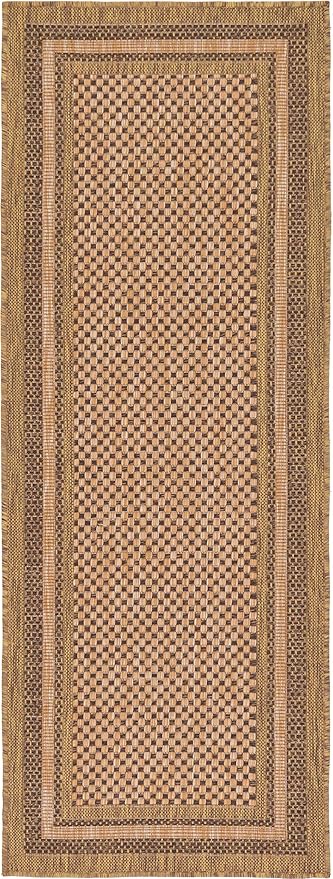 Unique Loom Outdoor Border Collection Area Rug - Multi Border (2' 2" x 6' Runner, Light Brown/ Brown)
