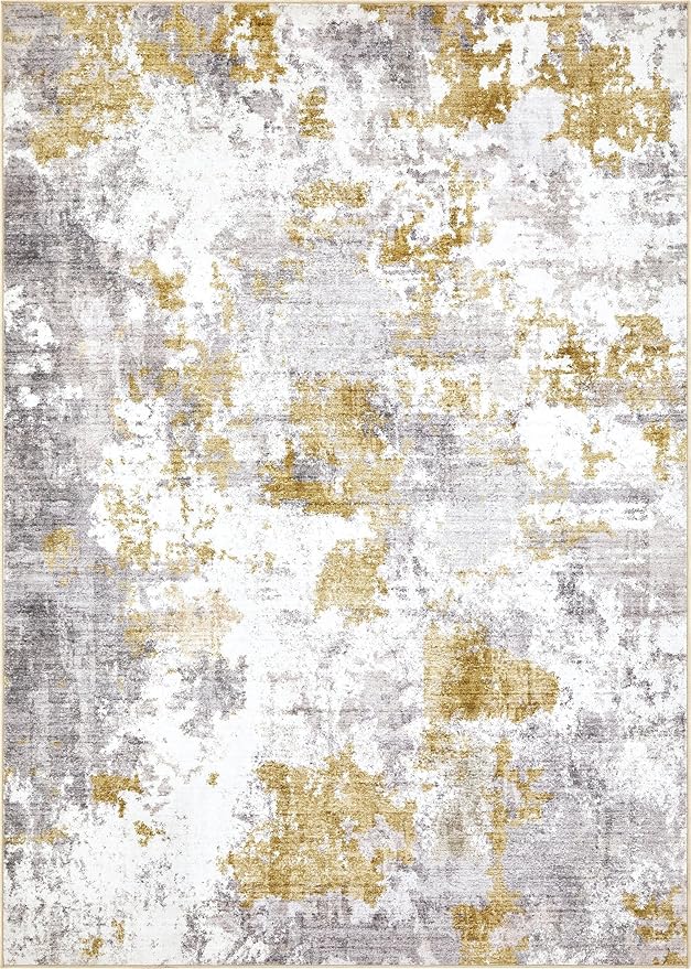 Washable Rug 9x12 Area Rugs for Living Room: Modern Abstract Neutral Soft Large Rug Bedroom Dining Room Under Kitchen Table Home Office Decor - Grey Gold