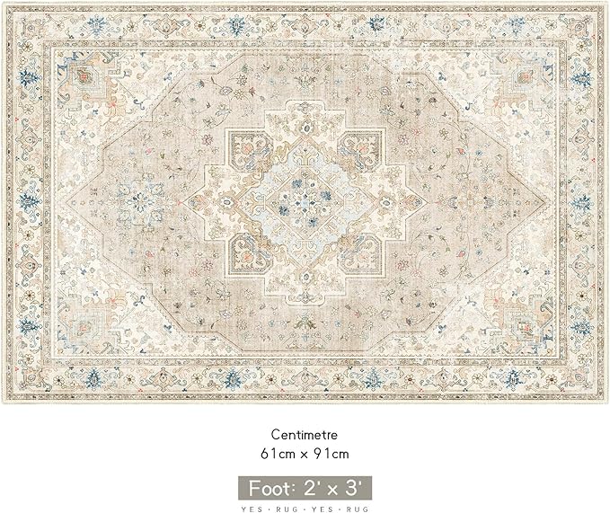 2x3 Small Rugs Beige Boho Rug for Entryway Bathroom Bedroom Kitchen Vintage Soft Throw Rug Low Pile Non Slip Washable Floor Carpet
