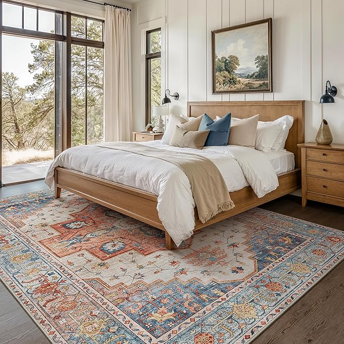 8X10 Area Rugs Machine Washable Rugs for Living Room, Vintage Boho Large Rugs for Bedroom Dining Room, Non Slip Indoor Soft Distressed Lightweight Thin Low Pile Carpet, Blue Beige Orange
