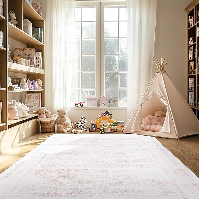 5x7 ft Washable Area Rug, Soft Non-Slip Boho Rug for Bedroom, Living Room, Office, Patio, Kitchen, Entryway – Pink, Indoor/Outdoor, Kids-Friendly