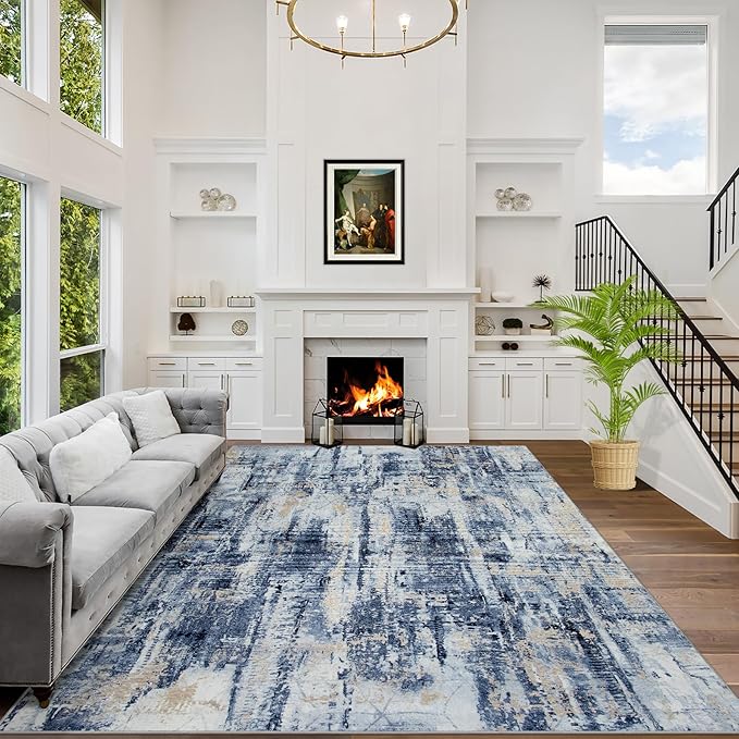10x14 Area Rugs Washable Rug: Modern Abstract Living Room Rug Soft Anti-Skid Thin Carpet Indoor Floor Non-Shedding Carpets for Bedroom Dining Room Farmhouse Nursery Home Office Blue Gold