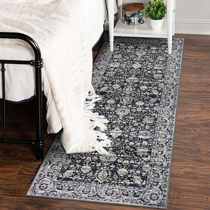 Vintage Kitchen Runner - 2x6 Floral Rug, Washable, Non-Slip, Low Pile, Distressed Boho Rug for Hallways, Bedroom, Laundry Room, Entryway