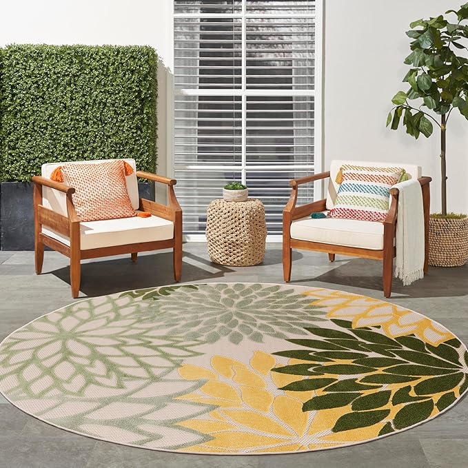 Nourison Aloha Indoor/Outdoor Green Multicolor 5'3" x Round Area Rug, Easy Cleaning, Non-Shedding, Bed Room, Living Room, Dining Room, Backyard, Patio, Deck (5 Round)