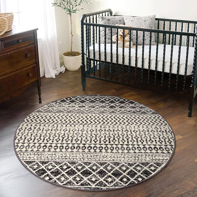 Moroccan Round Rug 3ft, Black Distressed Entryway Rug Non-Slip Circle Rug, Washable Non-Shedding Throw Rugs Indoor Door Mat for Bedroom Bathroom Kitchen Laundry Room Nursery