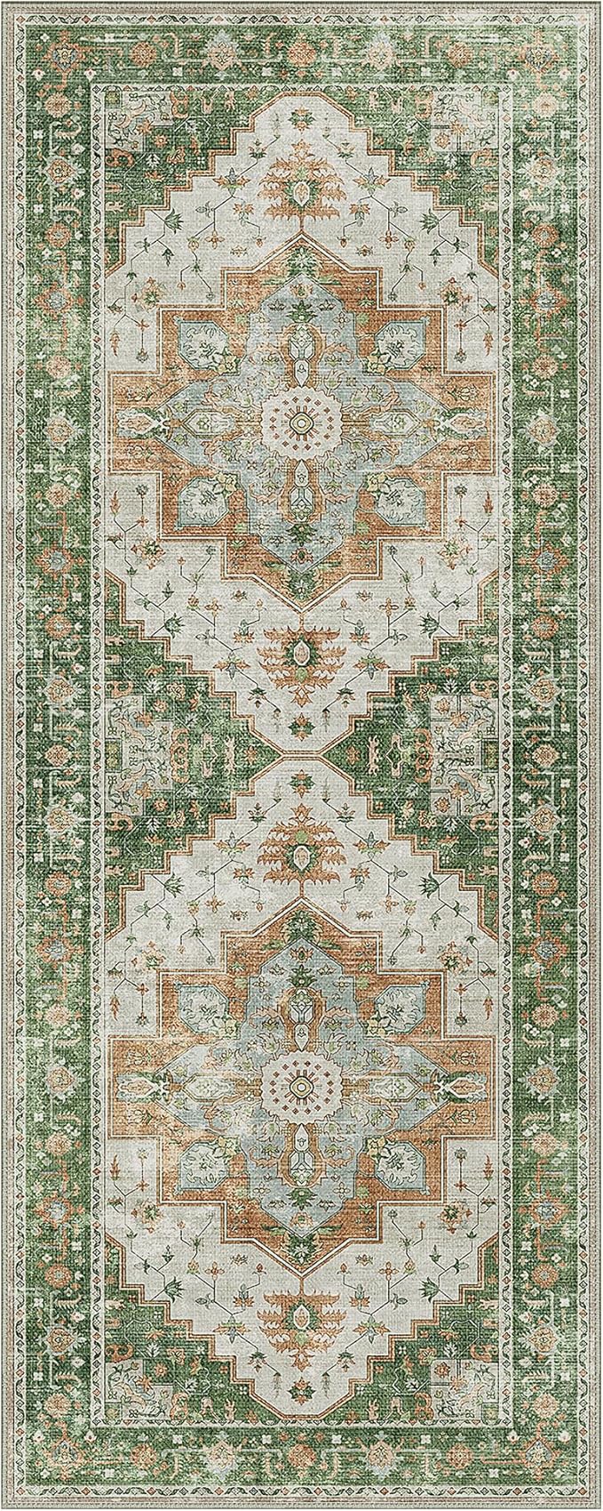 2X10 Area Rugs Machine Washable Runner Rugs for Living Room, Vintage Boho Rugs for Bedroom Dining Room, Non Slip Indoor Soft Distressed Lightweight Thin Low Pile Carpet, Green Brown Blue