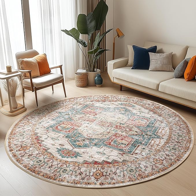 Washable 8ft Area Rugs, Rugs for Living Room, Low-Pile Water&Stain Resistant Carpet Vintage Distressed Printed Non-Slip Carpet for Bedroom Bathroom Kitchen-Yellow/Brown