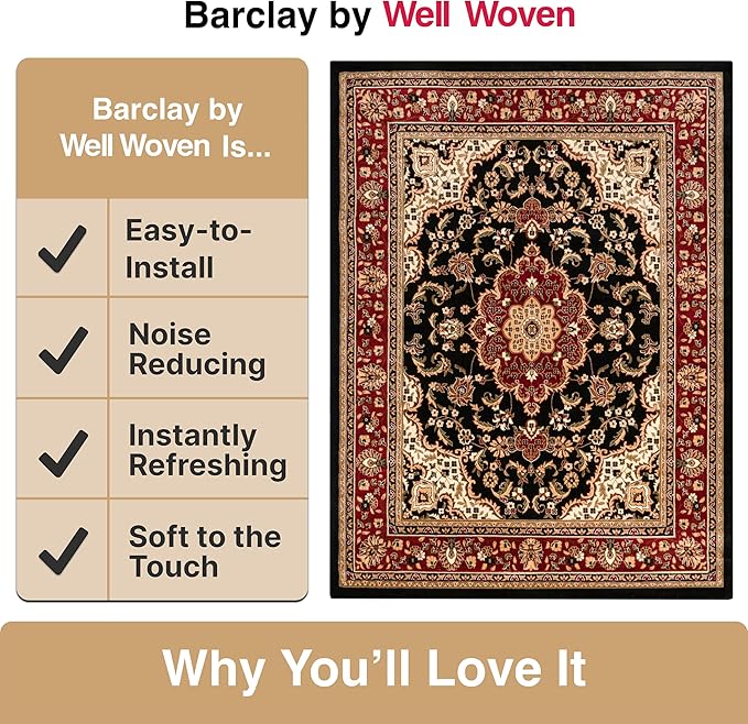 Well Woven Barclay Collection Medallion Kashan Black 2x4 Area Rug - for Entryways, Small Bedrooms, Living Rooms