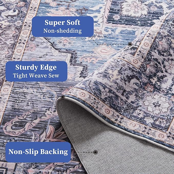 8x10 Rug, Washable Neutral Boho Modern Vintage Non Slip Floral Area Rugs, Low Pile Soft Rugs, Area Rugs, Slip Resistance Carpet, Pet-Friendly Carpet, Durable Rug for Living Room, Bedroom