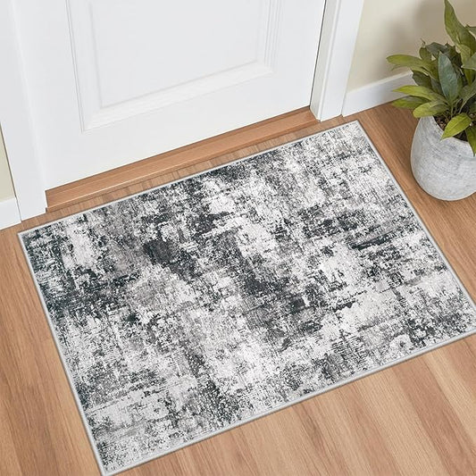 Washable Entryway 2x3 Rugs: Neutral Small Area Rug Abstract Non Slip Modern Indoor Door Mat for Kitchen Bedroom Hallway Office (Black Grey, 2'x3')