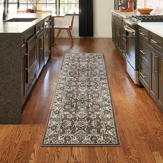 Superior Indoor Runner Rug, with Jute Backing, Chic Bordered Floor Decor for Living Room, Bedroom, Office, Entryway, Kitchen, Dining, Floral Design, Lille Collection, 2' 7" x 12', Brown